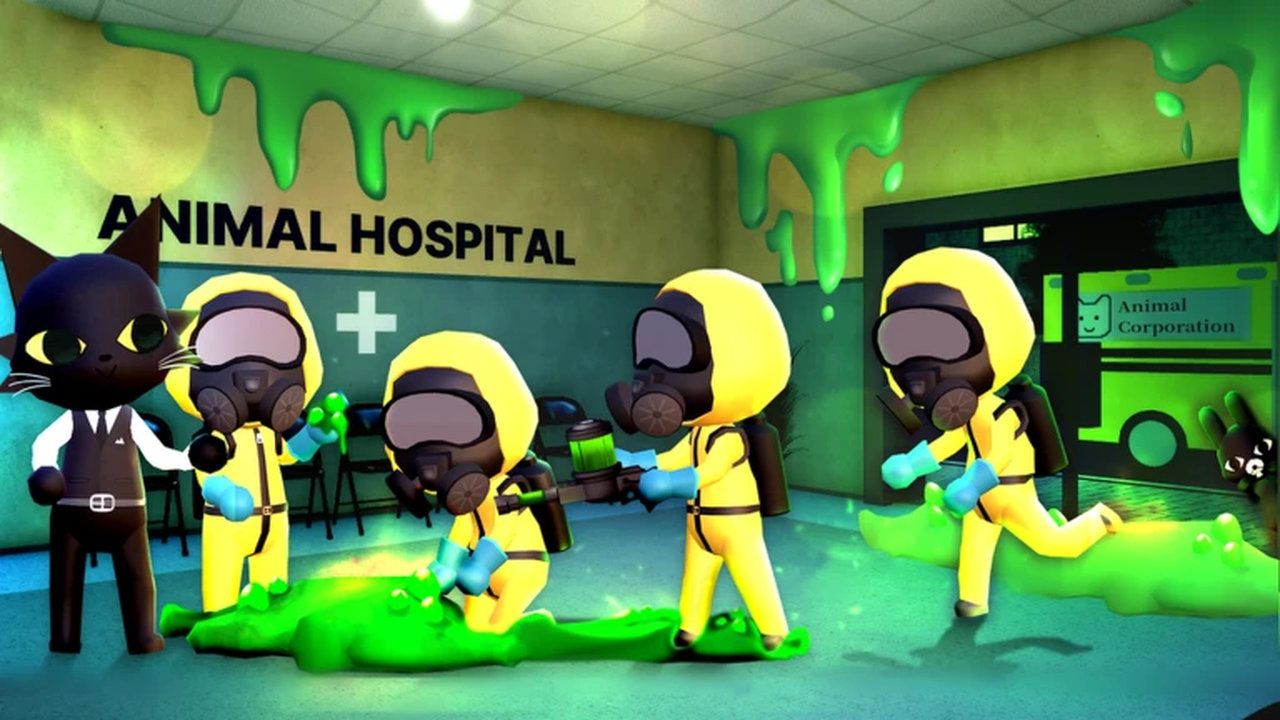 Roblox Animal Hospital gameplay reference Roblox Animal Hospital gameplay showing hazmat-suited characters in a slime-covered hospital room, illustrating the themed setting