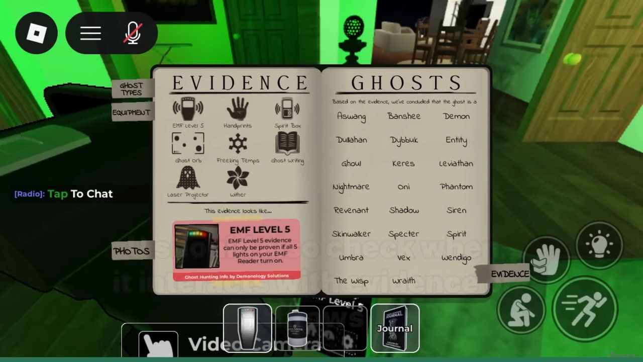 Demonology evidence journal Demonology Roblox evidence journal interface with on-screen controls; visual reference for interface troubleshooting